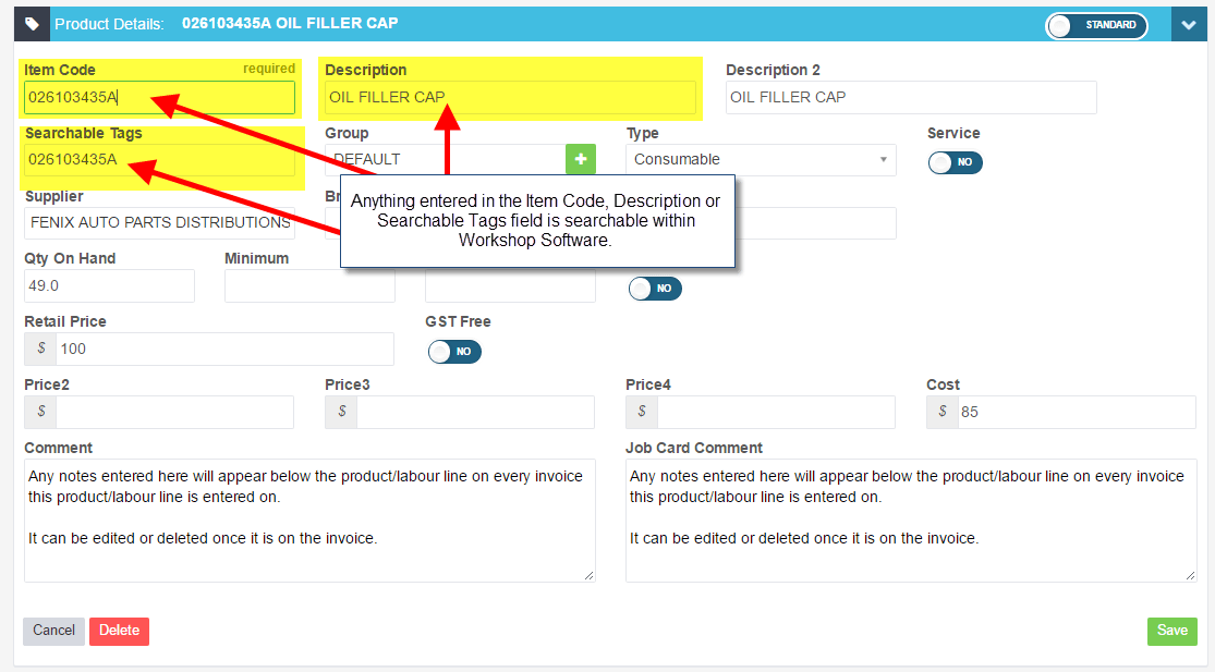 Workshop Software screen showing item code, description and searchable tags