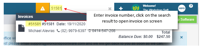 Workshop Software view a processed or finalised customer invoice showing search result to open the invoice on your screen