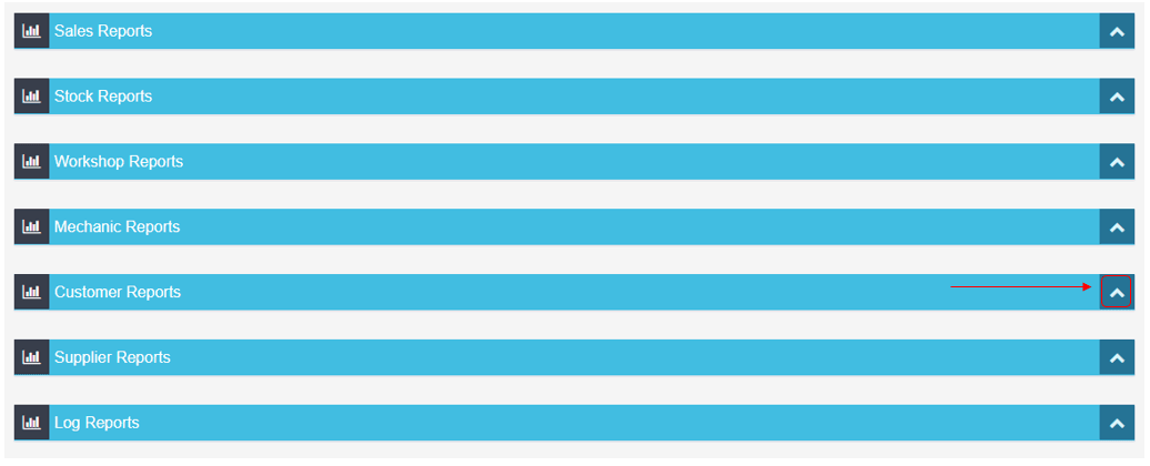 Workshop Software how to run a report to get a full list of your customers showing blue arrow icon to the far right of the…