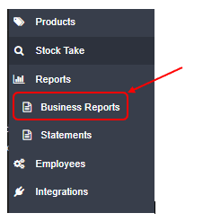 Workshop Software screen showing to run the report, click on reports > business reports from the left hand nav…” width=”226″ height=”247″>
2. Click on the arrow icon to expand the <strong>Workshop Reports</strong> section
<img loading=