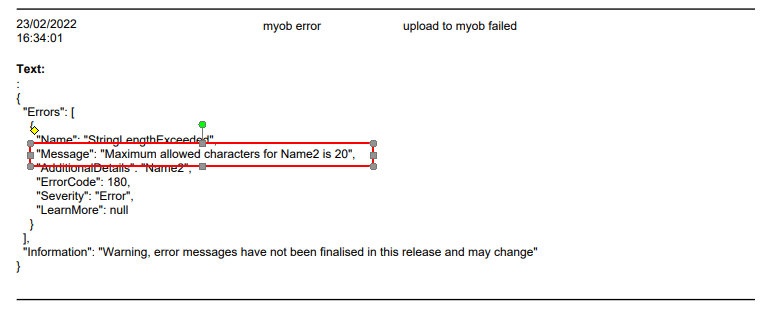 Workshop Software screen showing the reason for this error is that myob has a 20 character limit in the name f…