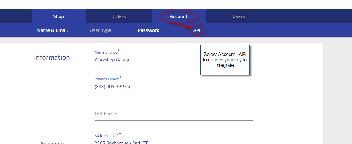 Workshop Software screen showing then select ‘account’ and ‘api’