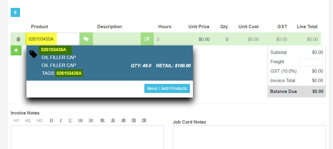 Workshop Software screen showing to enter a stock item/labour code onto a customer invoice, enter either the i…