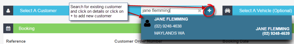 New booking form with customer search, vehicle selection and job details fields