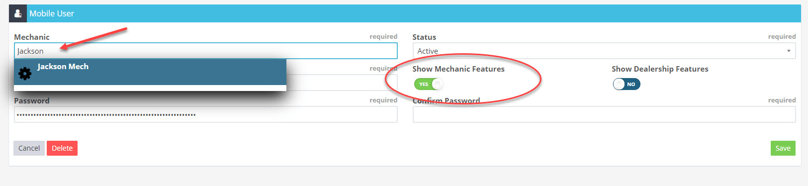 Workshop Software screen showing you also need to make sure this mobile user has selected a mechanic and ’ sho…