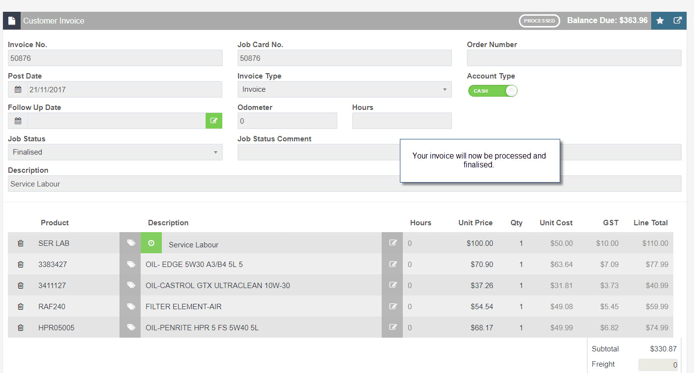 Workshop Software screen showing if you are integrated with an accounting software such as xero, the payment w…