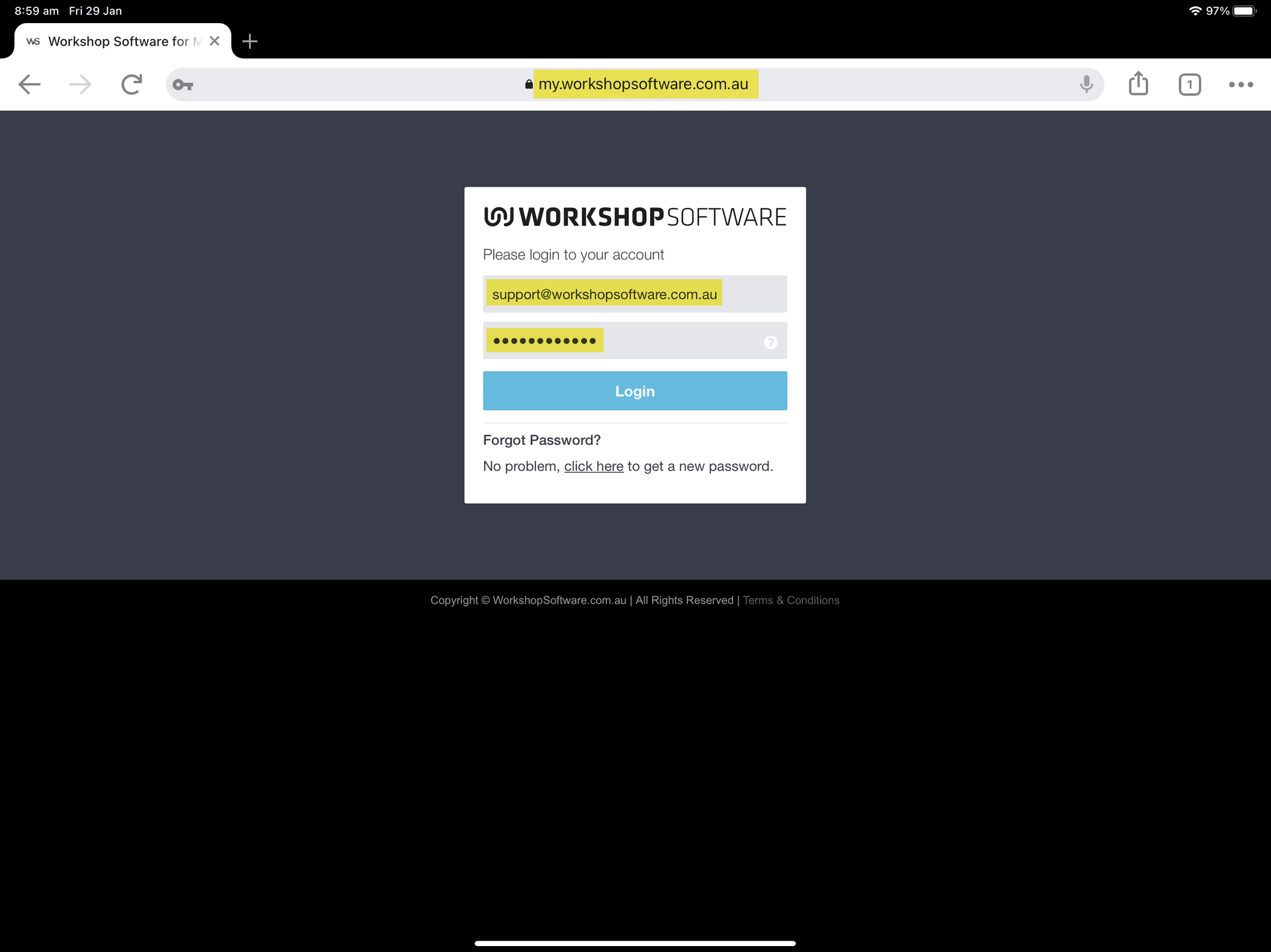 Workshop Software screen showing login to workshop software through the web browser (google chrome is recommen…