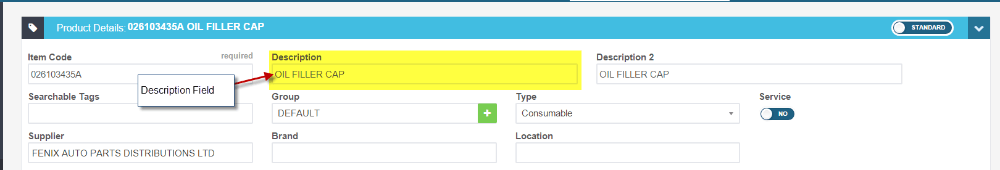 Workshop Software screen showing this field can be left blank when entering the product so that the descriptio…
