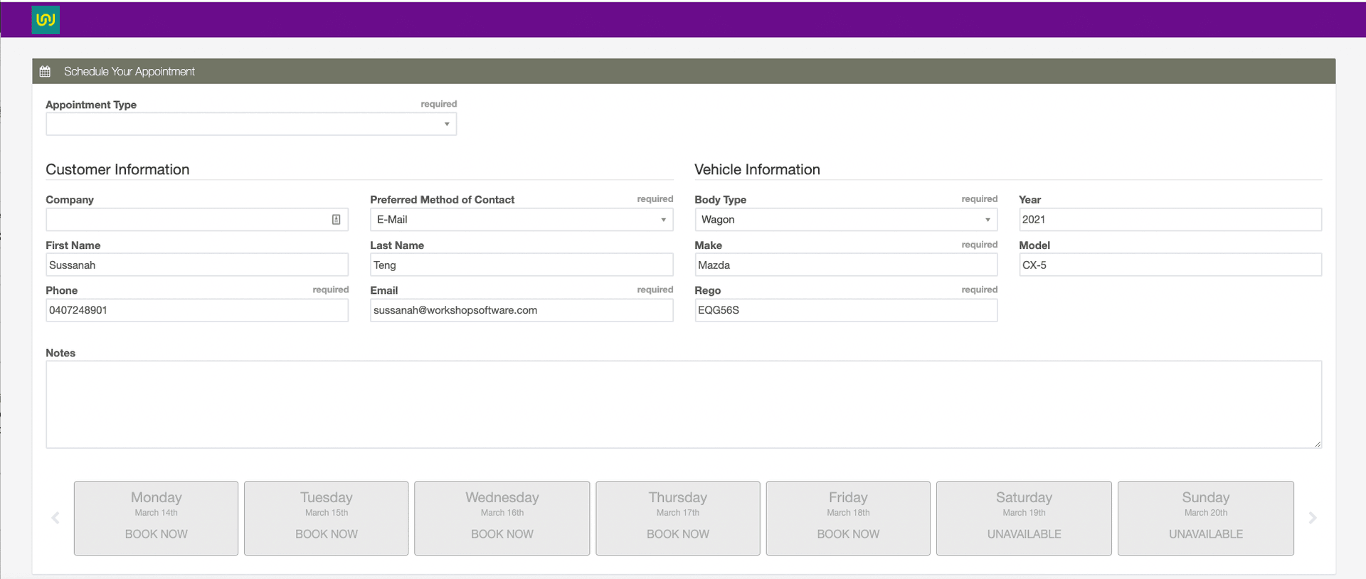 screenshot of online booking diary with customer and vehicle details prepopulated