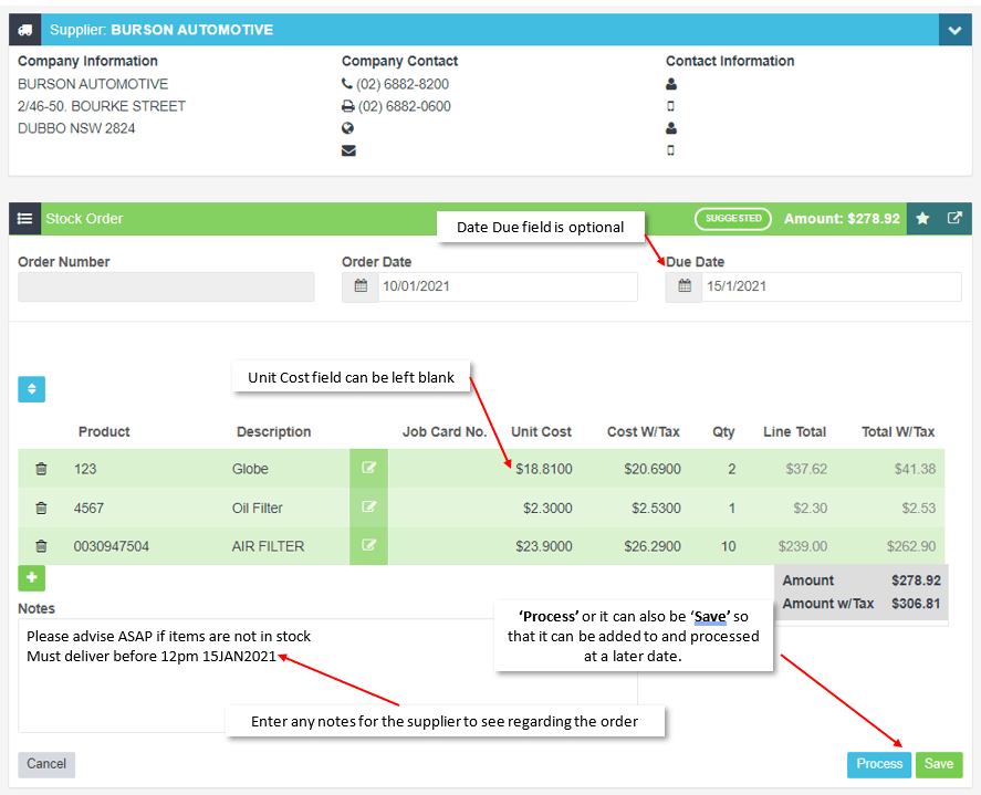Workshop Software screen showing due date field can be left blank unit cost field can be left blank enter any …