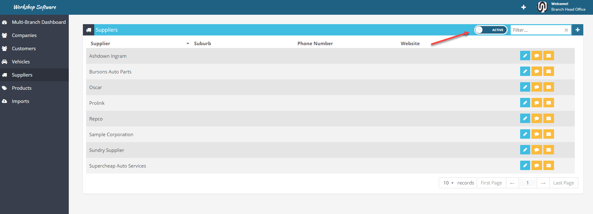 Workshop Software screen showing you can look at inactive suppliers by switching the ‘active’ toggle