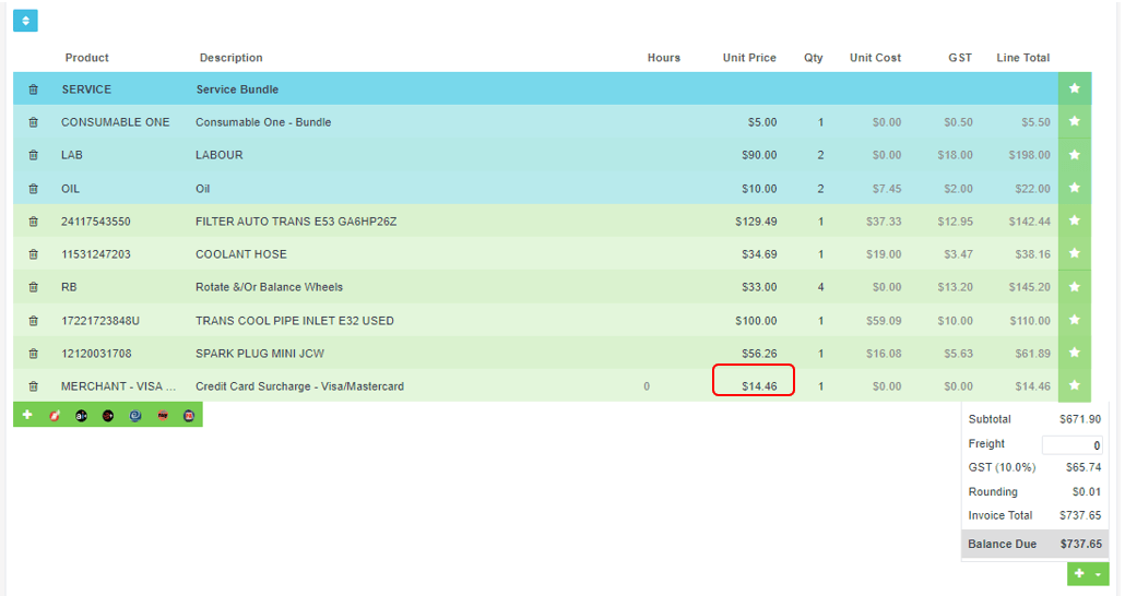 Workshop Software add credit card merchant fee to an invoice showing unit price to reflect the fee amount to be collected