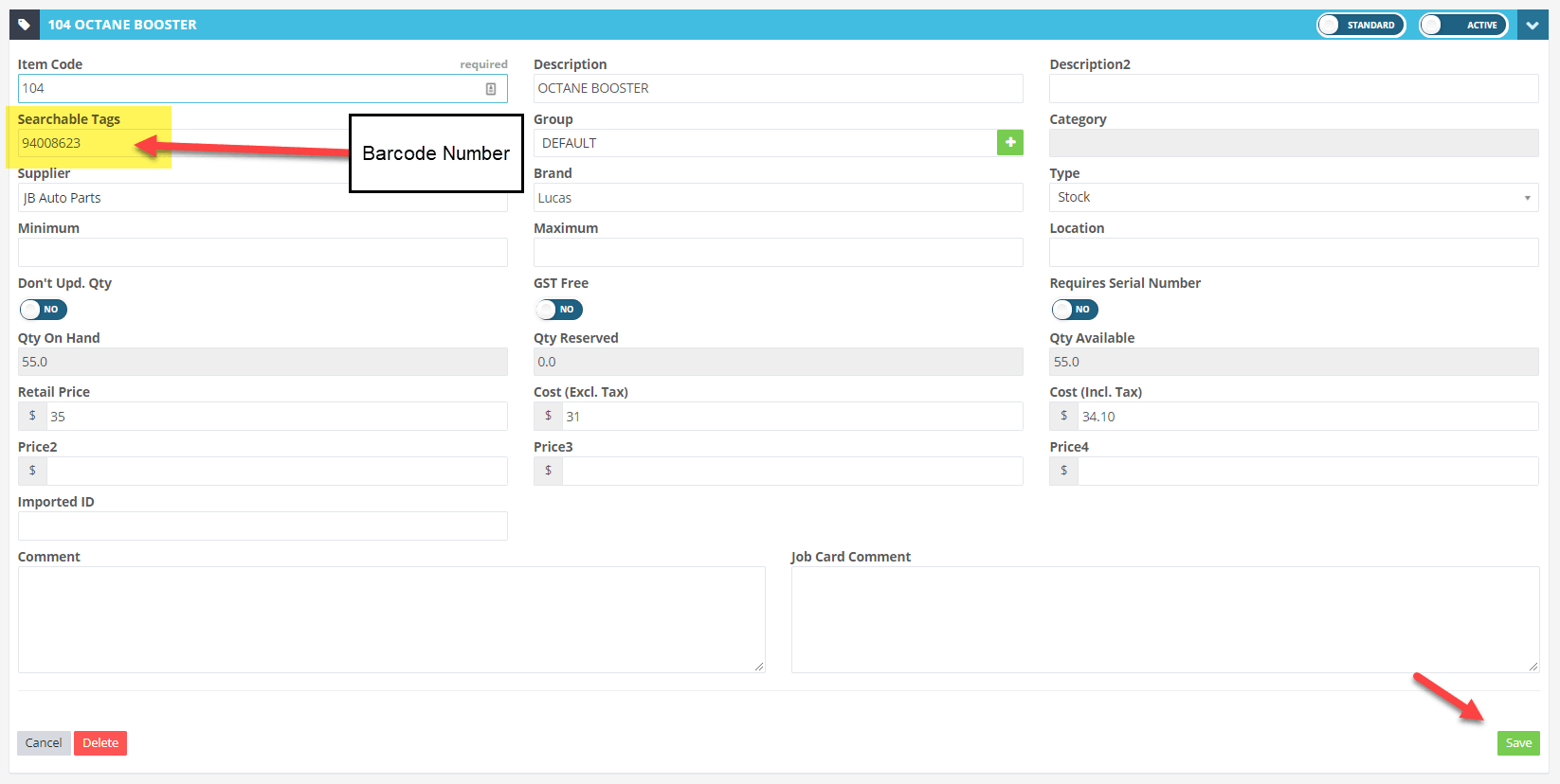 Workshop Software screen showing then click save to add the barcode as a searchable tag