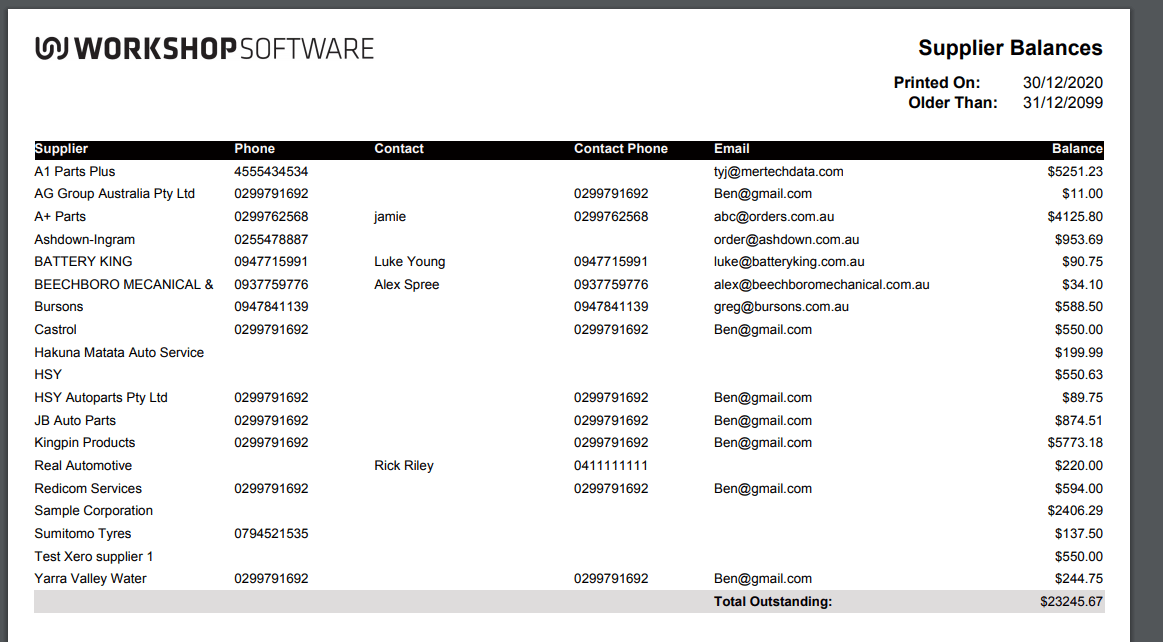 Workshop Software run a supplier balances report step 4 of 4
