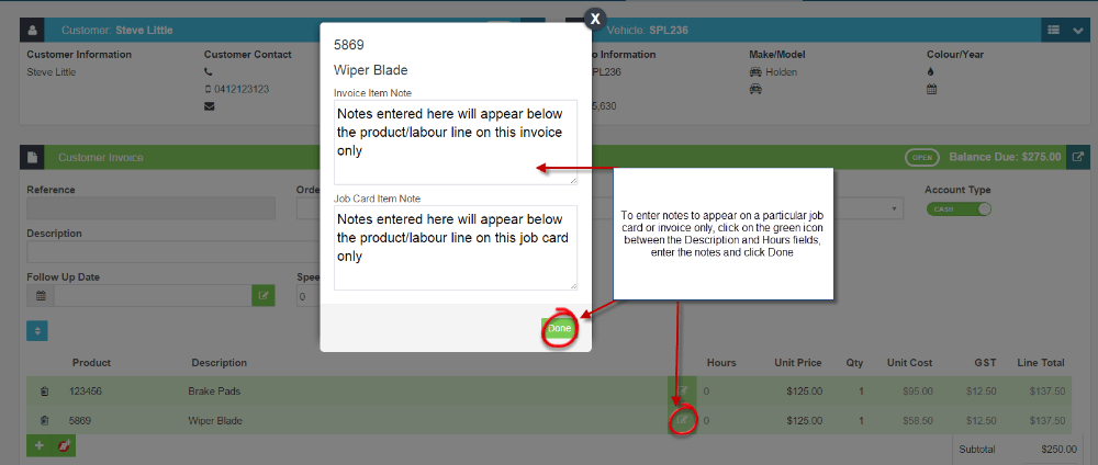 Workshop Software screen showing to enter notes to appear under a product or labour line on a particular job c…
