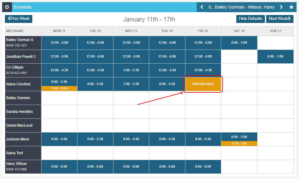 Workshop Software screen showing if the staff needs to have the whole day off, click on the yellow ’unavailabl…