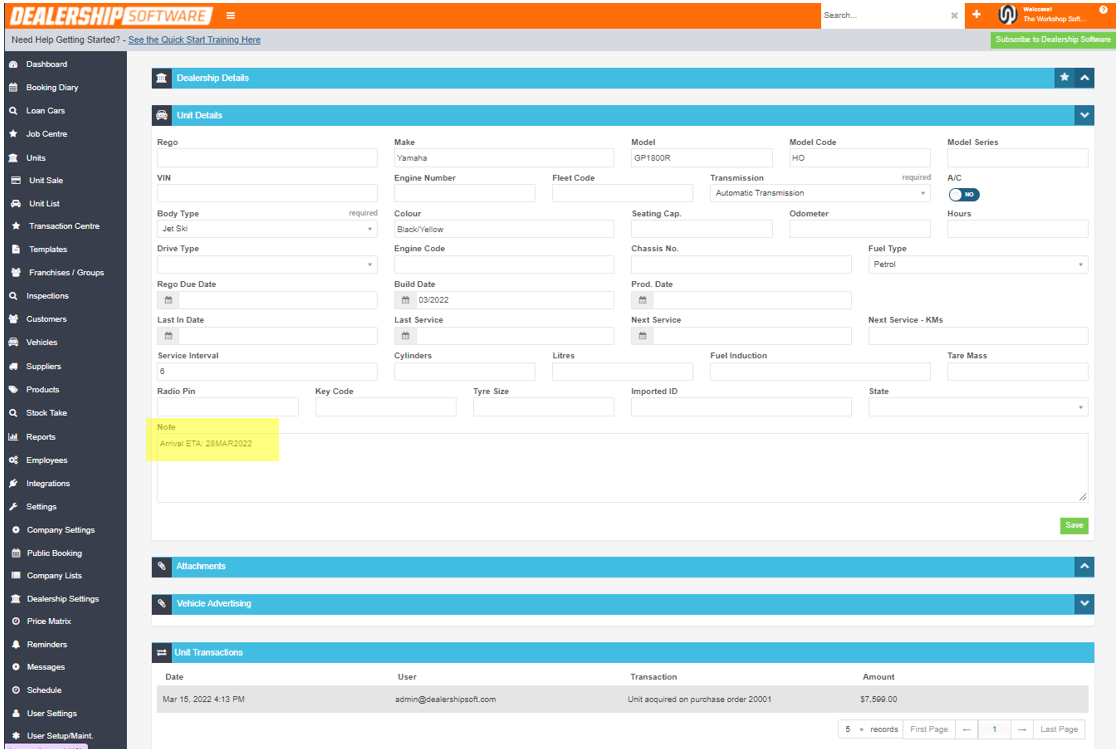 Workshop Software screen showing if you want to you can also expand on the unit details banner and add in the …