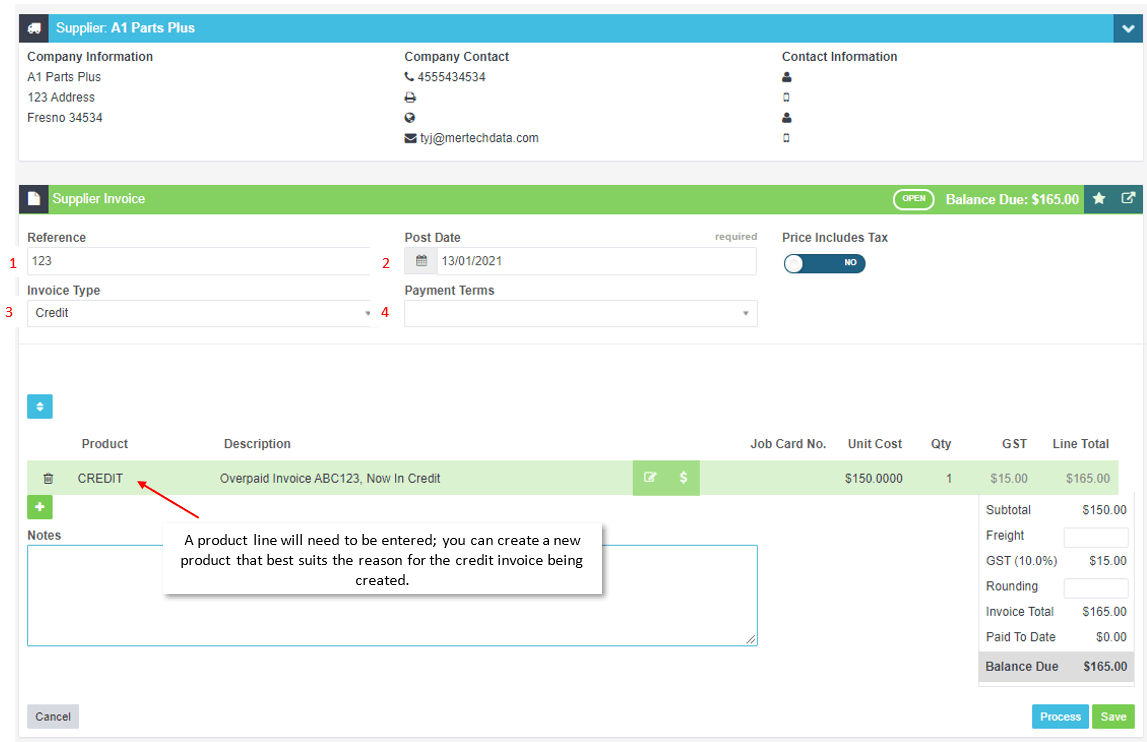 Workshop Software screen showing ensure that your select ‘credit’ from the ‘invoice type’ dropdown menu