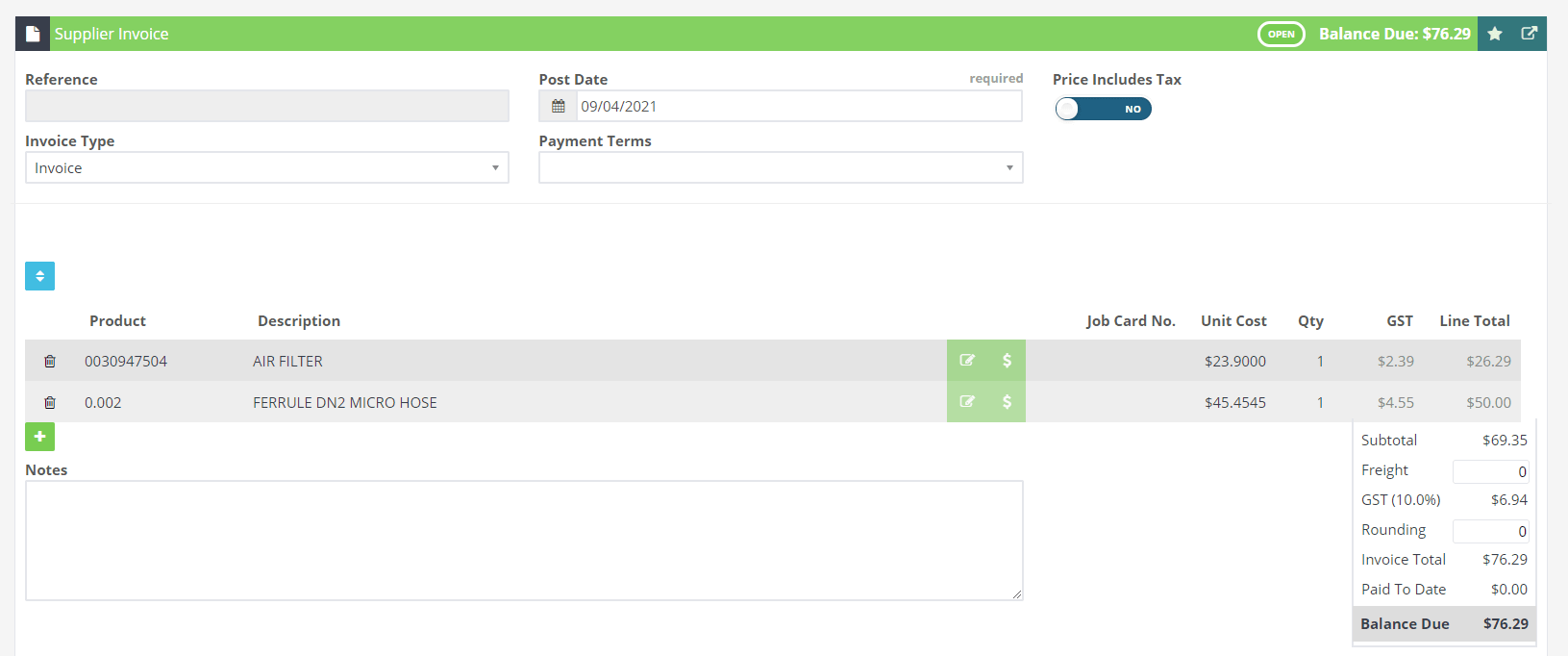Workshop Software screen showing this will add all items on this order to your invoice