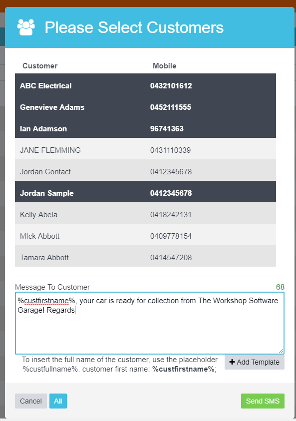 Workshop Software send a bulk sms to current job clients showing out your message with the correct fields and hit ’ send s…