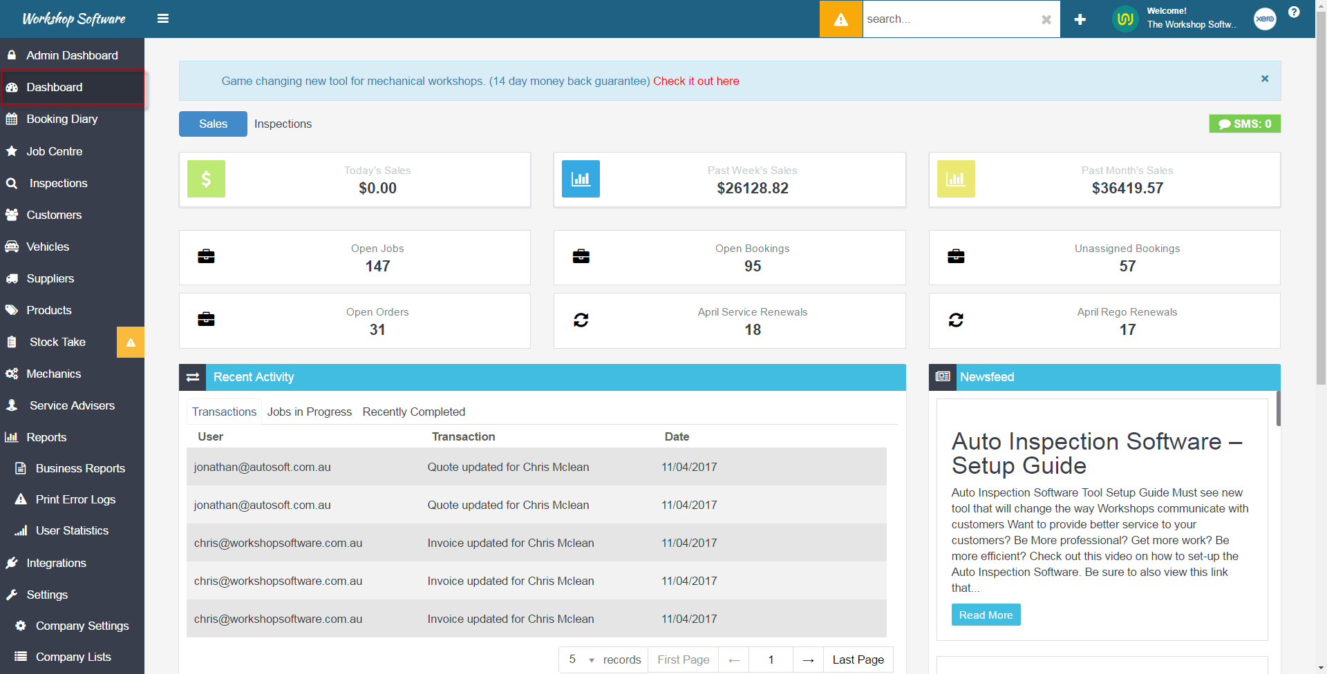 Workshop Software view an inspection draft showing dashboard