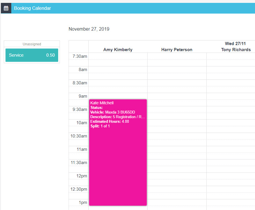 screenshot of booking diary with booking displayed