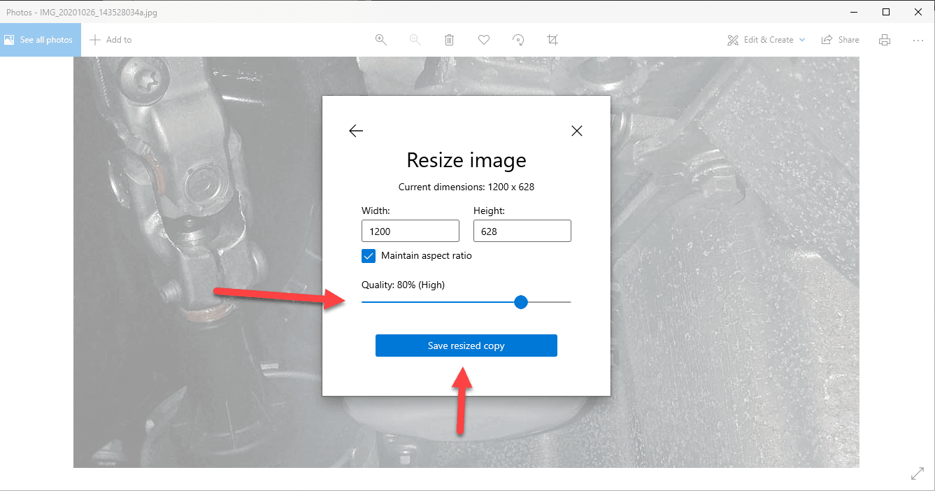 Screenshot: Leave ‘Maintain aspect ratio’ ticked and lower the Quality