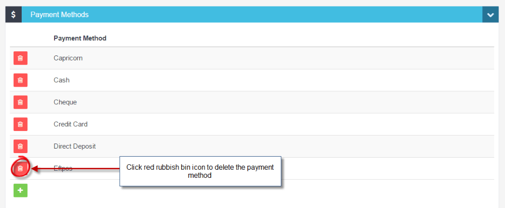 Workshop Software add or edit payment methods available showing ‘red rubbish bin’ icon to the left of the payment method, …
