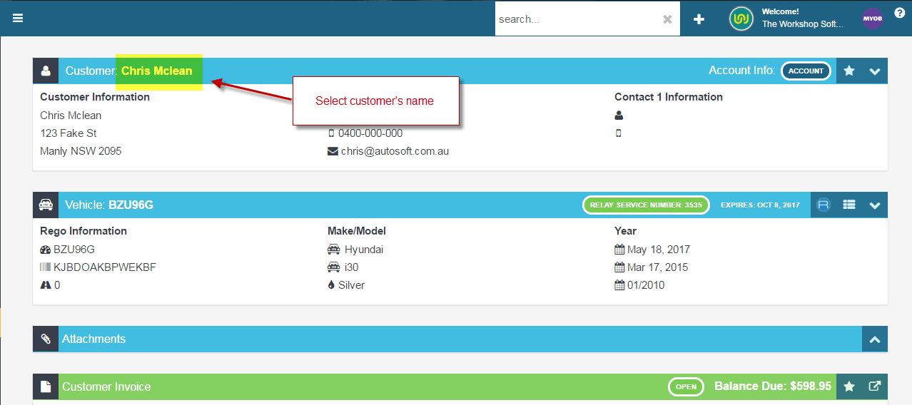 Workshop Software screen showing this will display all the customer’s related information, including their boo…