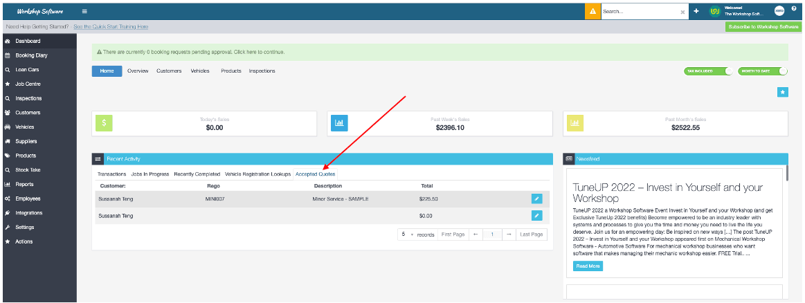 screenshot of the dashboard with new “Accepted quotes” in the Recent Activities widget