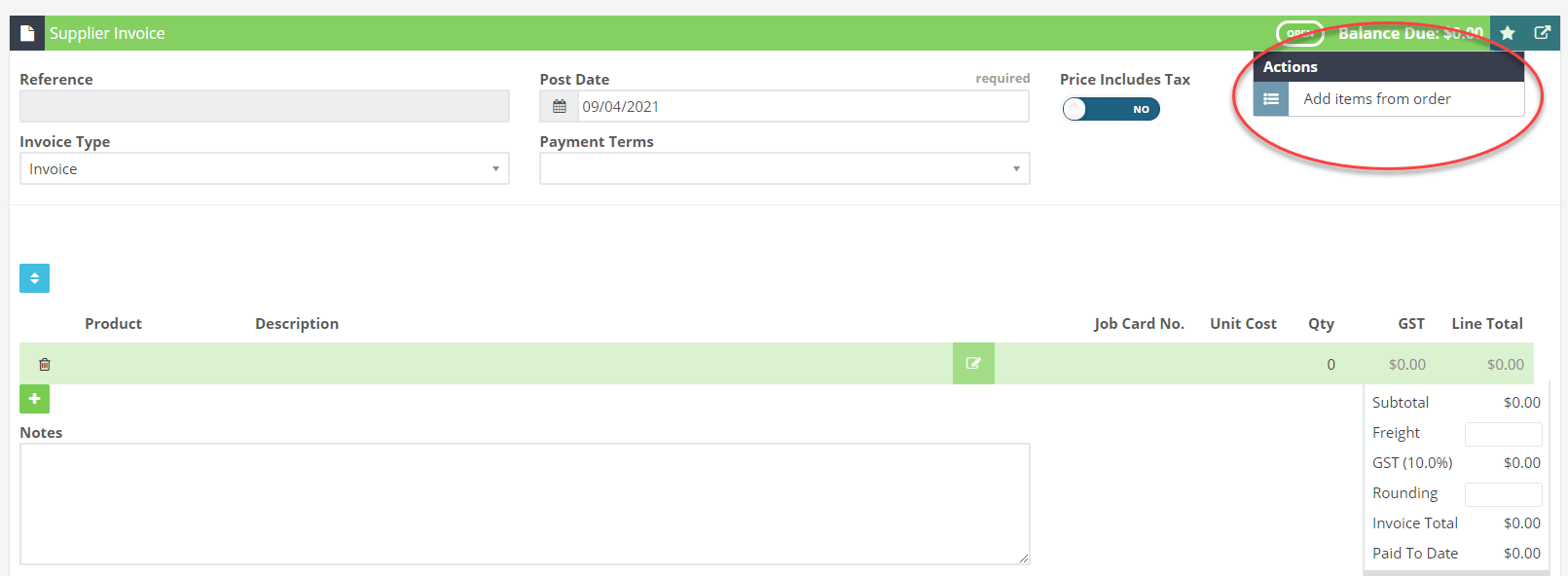 Workshop Software invoice an existing supplier order showing star button on the right hand side and then ’add items from o…
