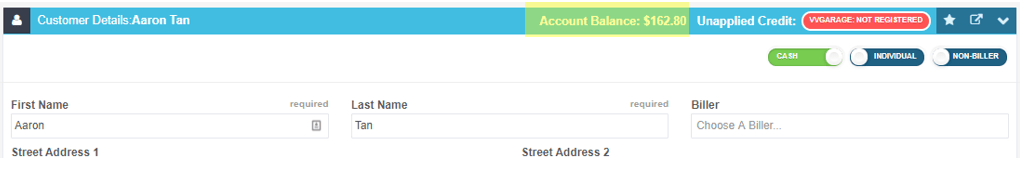 Workshop Software screen showing now when you look up the customer, you will see that they have an account bal…