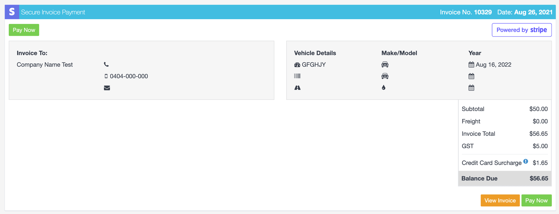 Workshop Software stripe - sending your customers their invoice via email showing one of the two buttons that say ‘pay now’