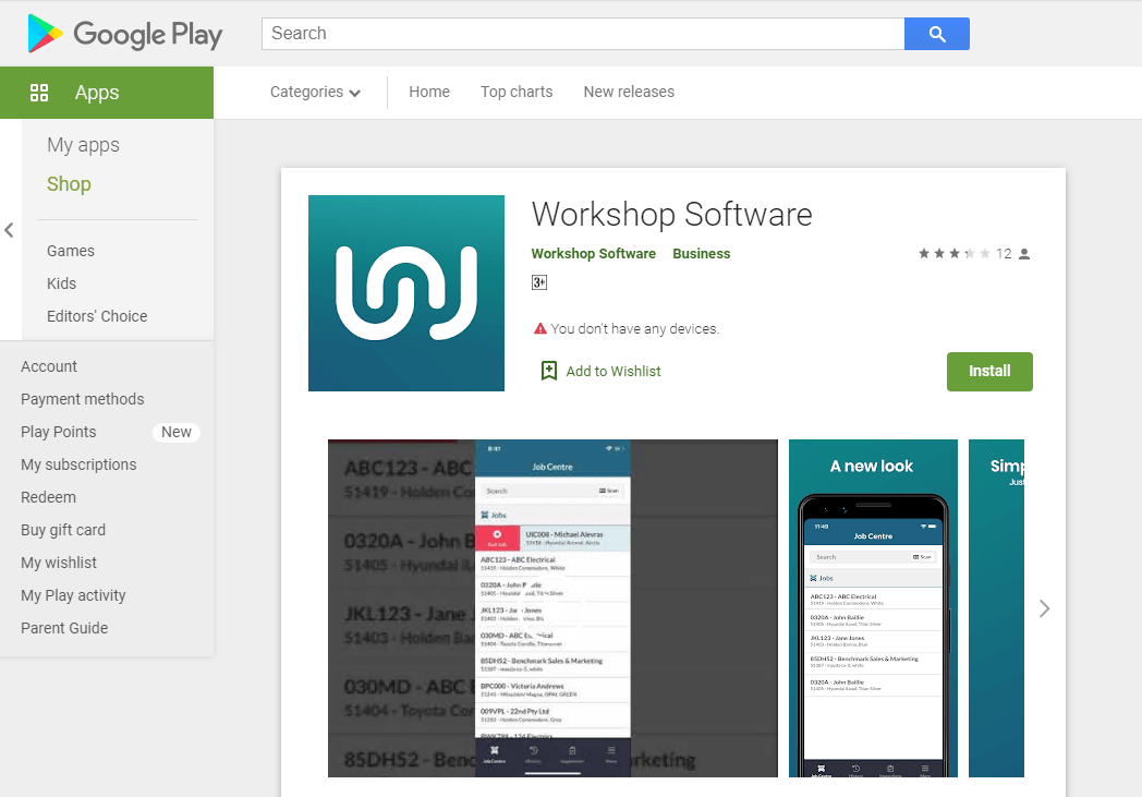 Workshop Software screen showing https://play.google.com/store/apps/details?id=com.workshopmobile (or search f…