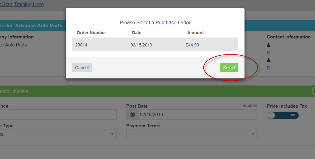 Workshop Software screen showing you will then be able to select the correct stock order that you are wanting …