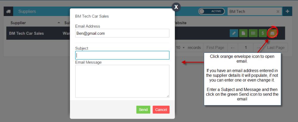 Workshop Software how to send an email to a supplier from workshop software showing subject and message and click on the g…