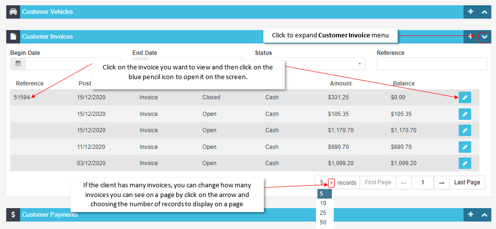 Workshop Software screen showing once in the customer details page scroll down the page to customer invoices ,…