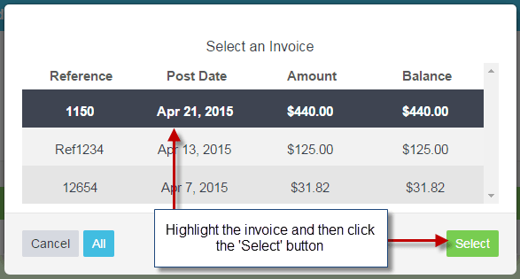 Workshop Software screen showing highlight the invoice you want to allocate the credit too, and then click select