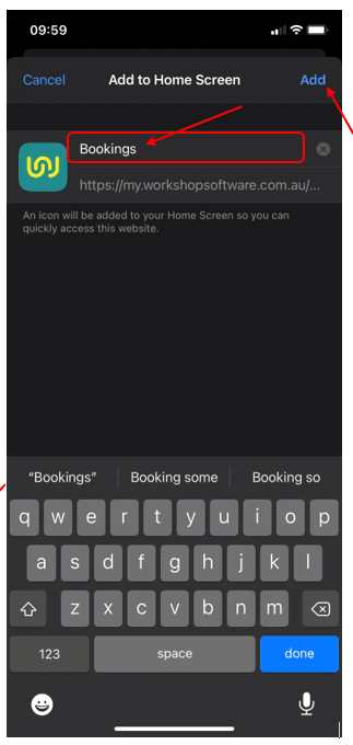 Give this link a name (this will appear on your mobile home screen). For this example we have called this link “Bookings”. And finally click on “Add”