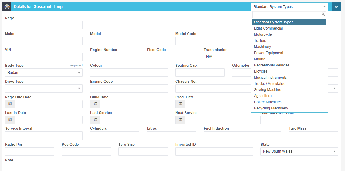 Workshop Software set up workshop software for different industries showing drop down box to choose which type of ’vehicle…