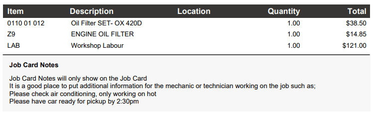 Workshop Software screen showing printed job card view