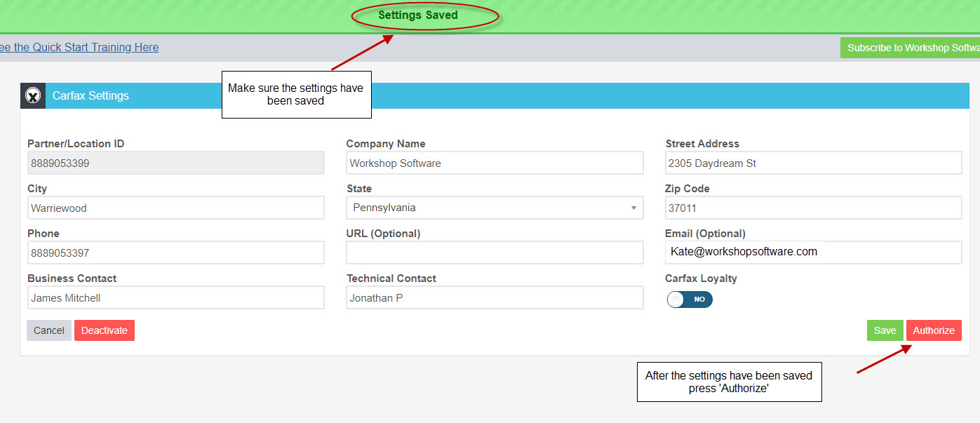 Green confirmation bar with Authorize button to complete Carfax integration