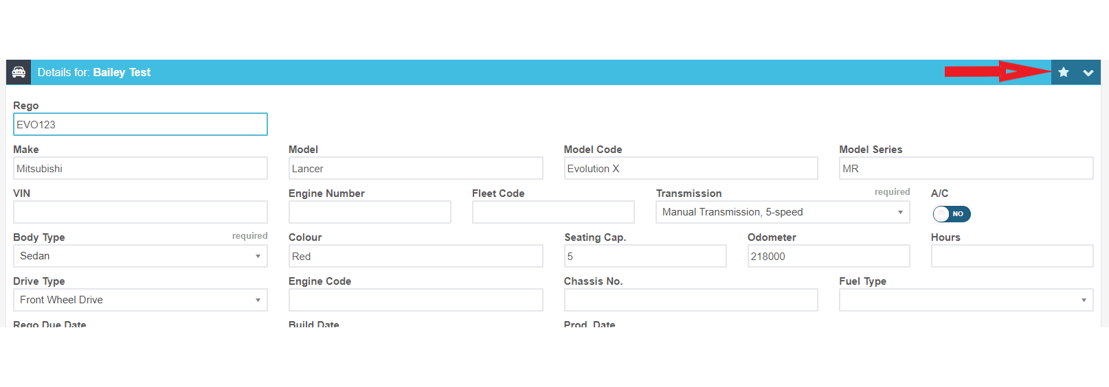 Workshop Software run a vehicle history report showing action menu ‘star’ on the right-hand side of the vehicle