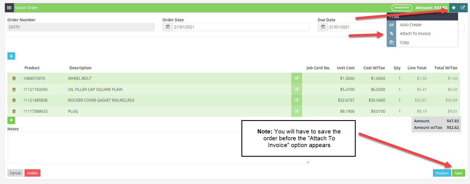 Workshop Software screen showing this is what it looks like from a stock order