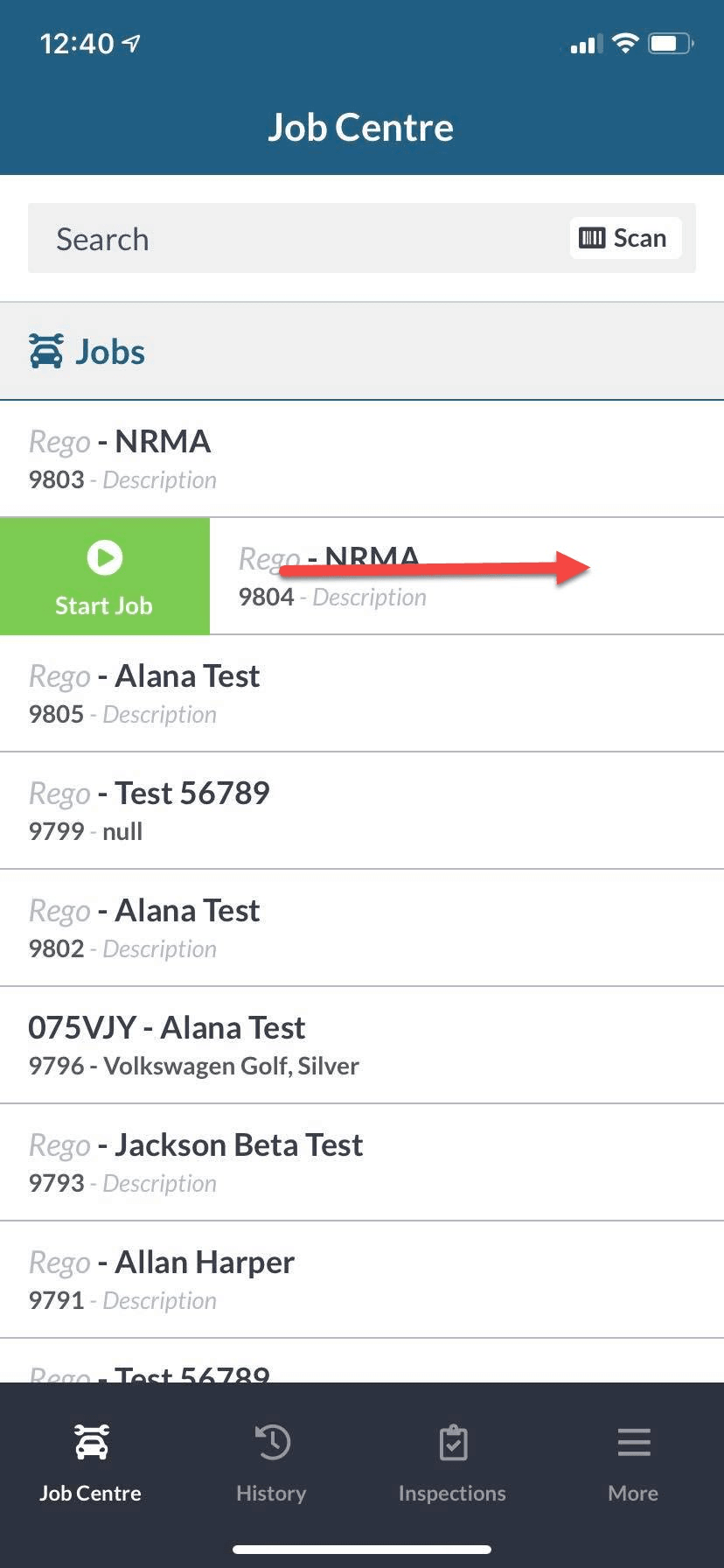 Workshop Software screen showing use your finger to swipe right on the specified job
