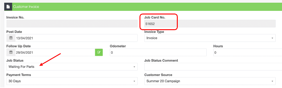 screenshot of customer invoice showing the job status field