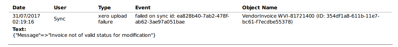 Workshop Software xero sync error message - invalid status for modification step 1 of 1
