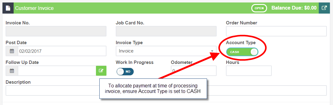 Workshop Software screen showing before processing the invoice ensure that the account type on the invoice is …