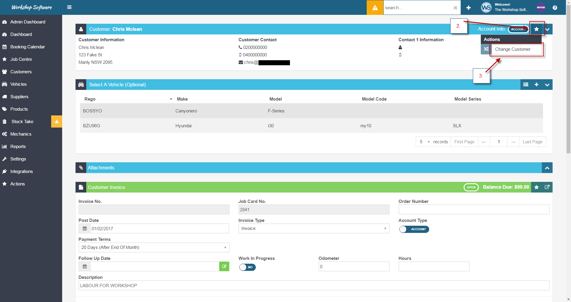 Workshop Software assign an invoice to a different customer showing ‘change customer’