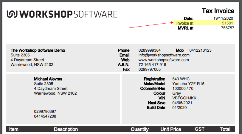Workshop Software view a processed or finalised customer invoice showing by invoice number you will need to know the invoi…